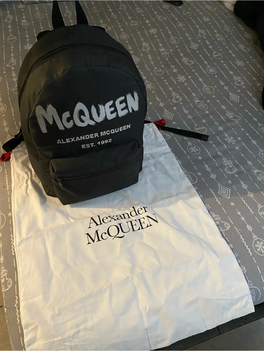 Alexander McQueen Black Backpack with White Logo Print